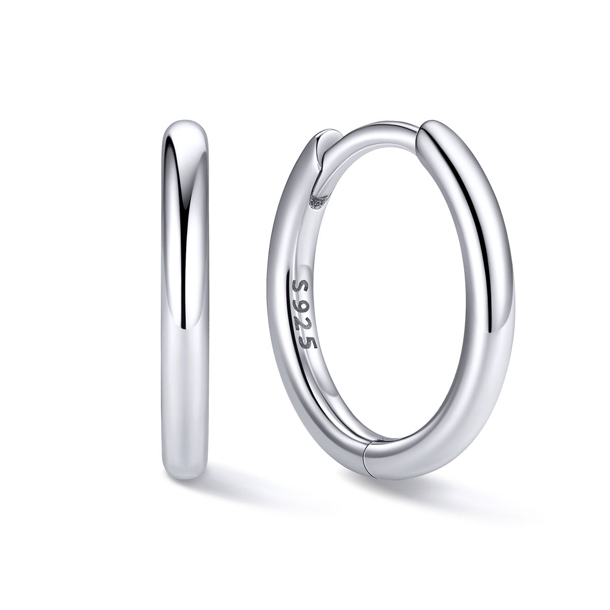 10mm Silver huggie earrings on a white background