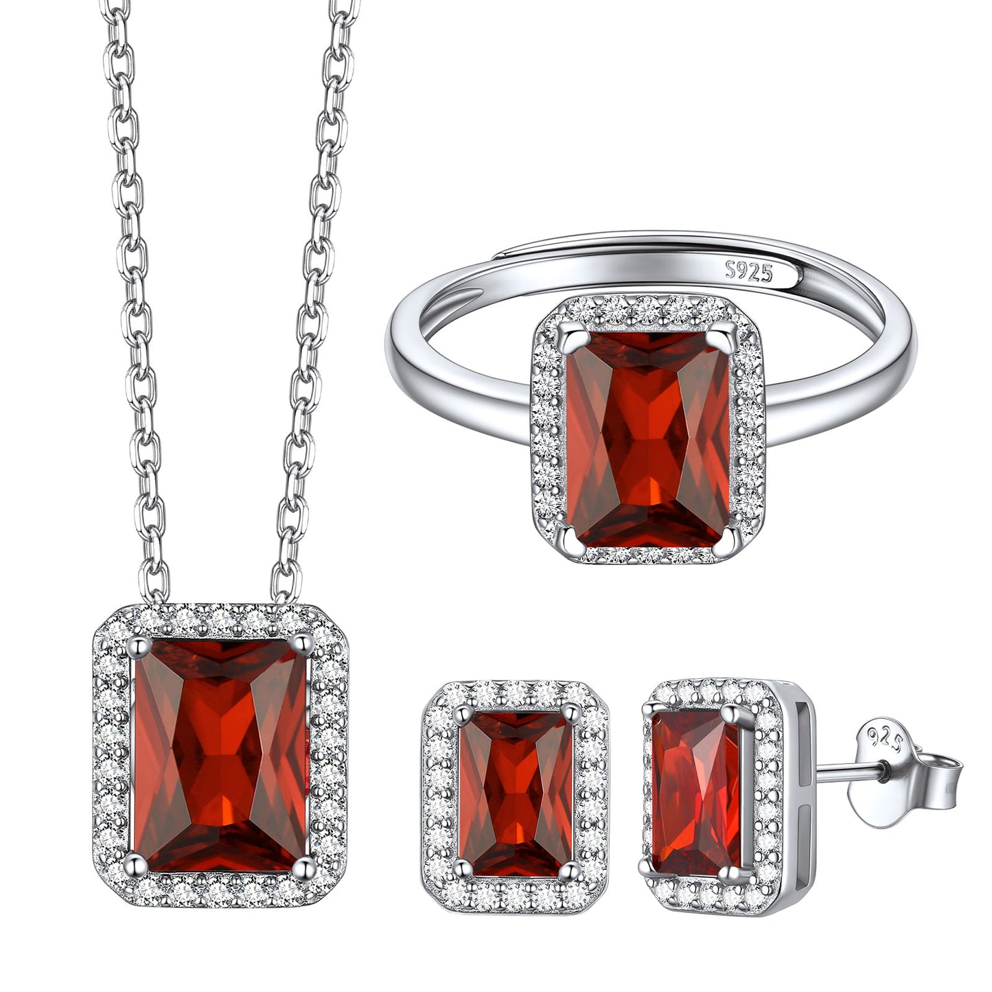 Emerald Cut Halo Birthstone Jewelry Set