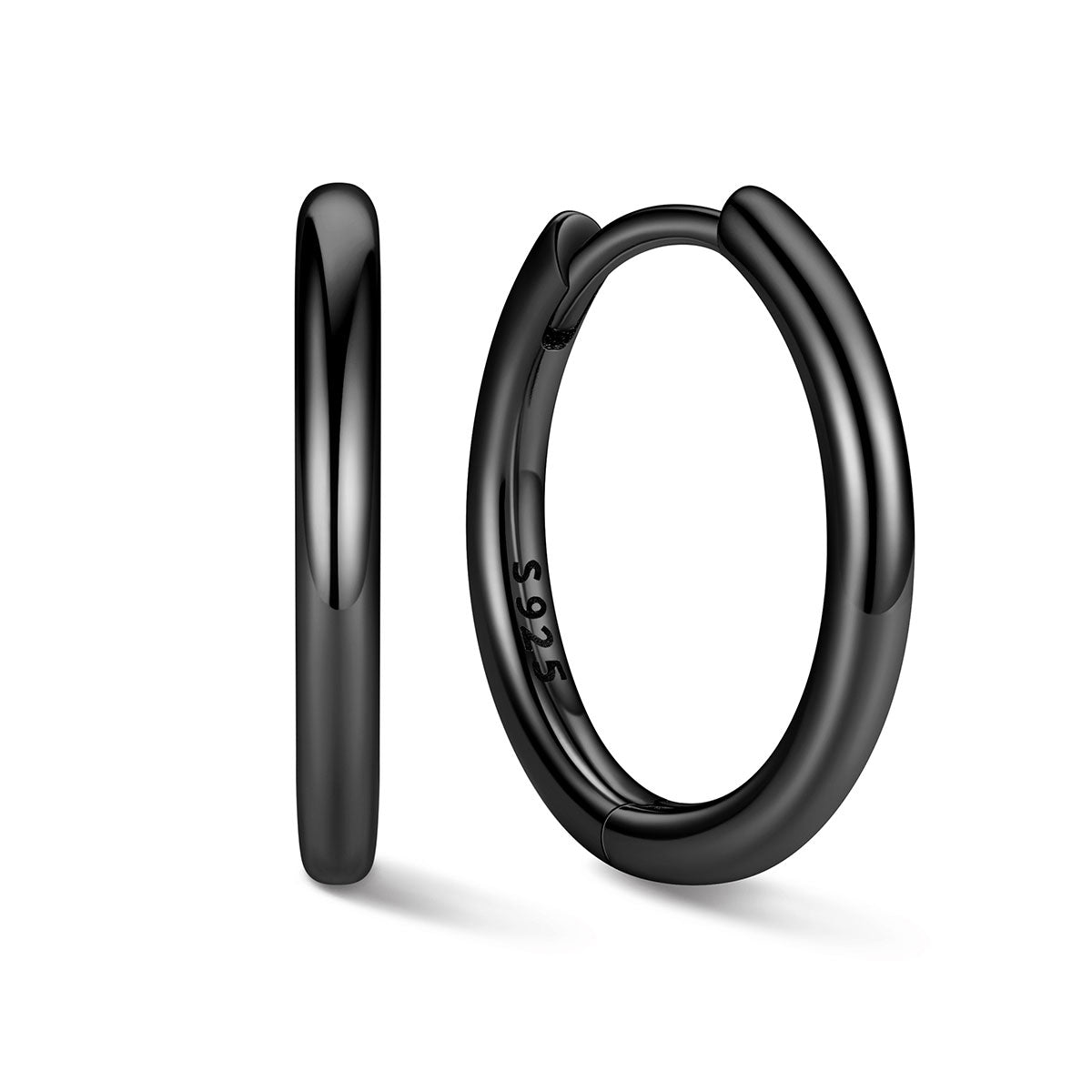 12mm Black huggie earrings on a white background