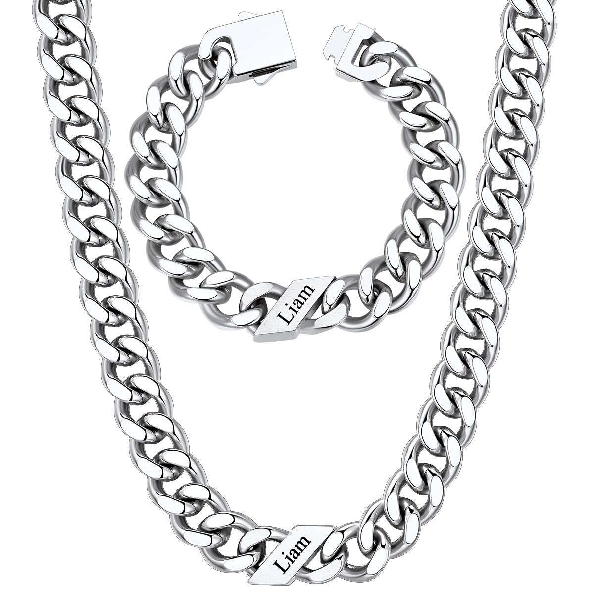 12mm Custom 1 name Name Cuban Link Necklace Bracelet Set on a white background