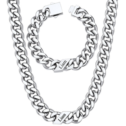 12mm Custom 1 name Name Cuban Link Necklace Bracelet Set on a white background