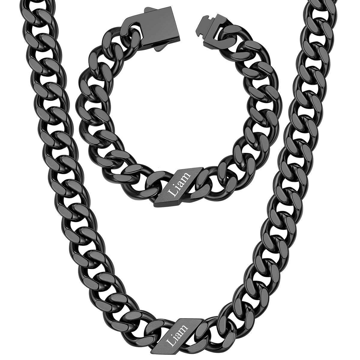 12mm Custom 1 name Name Cuban Link Necklace Bracelet Set on a white background Black Plated