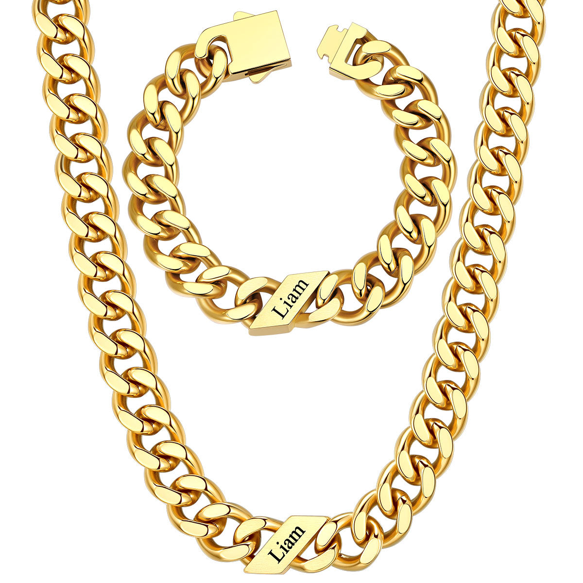 12mm Custom 1 name Name Cuban Link Necklace Bracelet Set on a white background Gold Plated