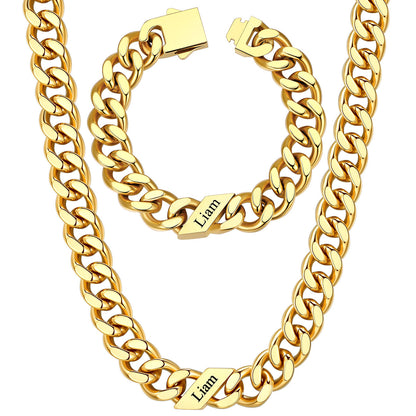 12mm Custom 1 name Name Cuban Link Necklace Bracelet Set on a white background Gold Plated