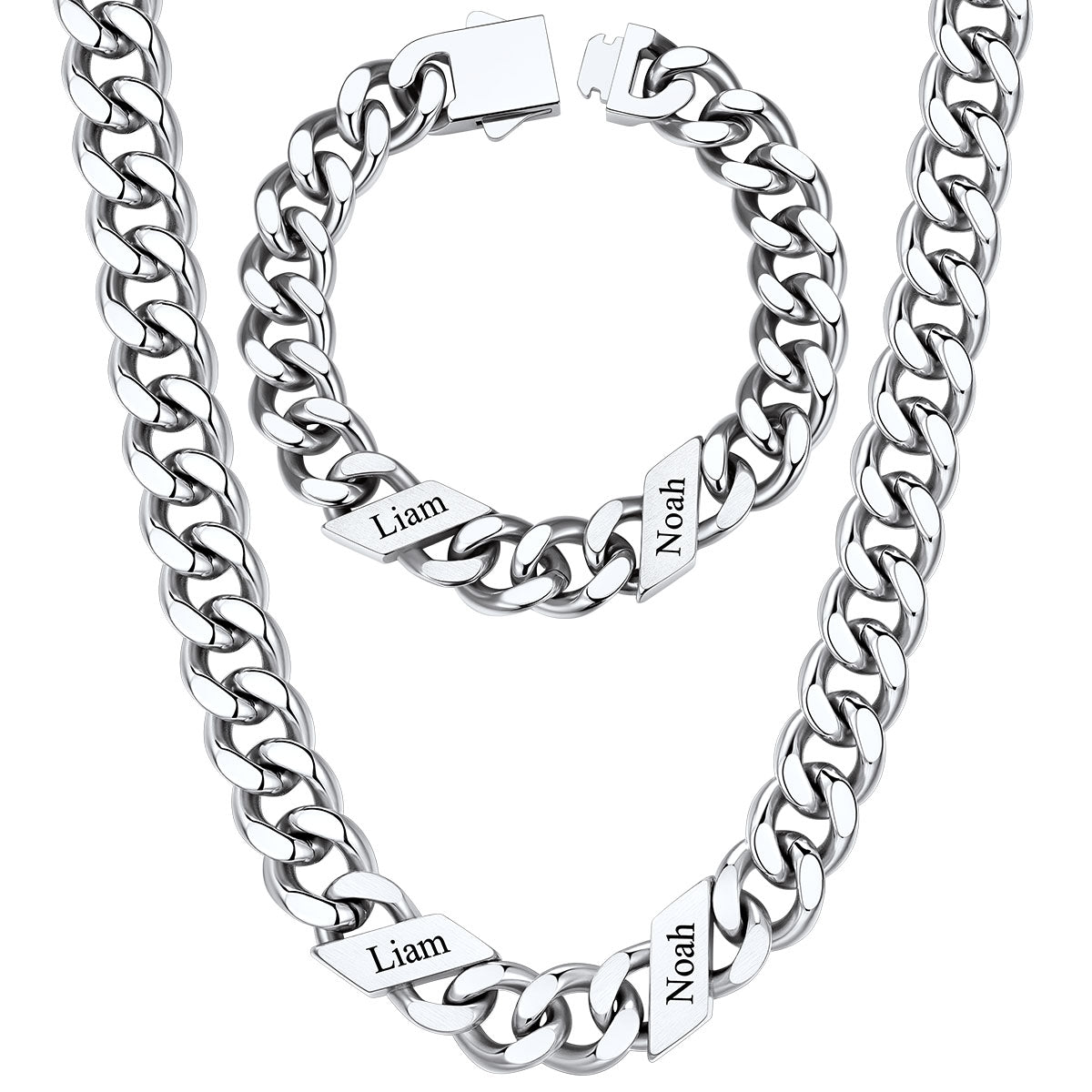 12mm Custom 2 name Name Cuban Link Necklace Bracelet Set on a white background