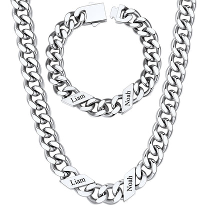 12mm Custom 2 name Name Cuban Link Necklace Bracelet Set on a white background