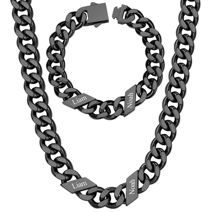 12mm Custom 2 name Name Cuban Link Necklace Bracelet Set on a white background Black Plated