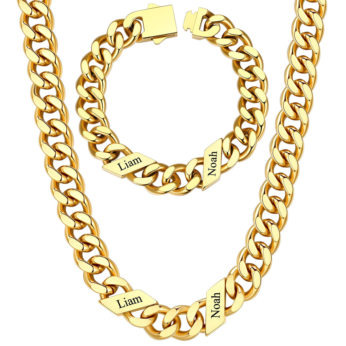 12mm Custom 2 name Name Cuban Link Necklace Bracelet Set on a white background Gold Plated