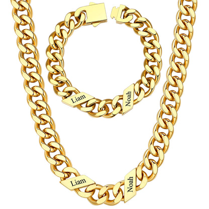 12mm Custom 2 name Name Cuban Link Necklace Bracelet Set on a white background Gold Plated