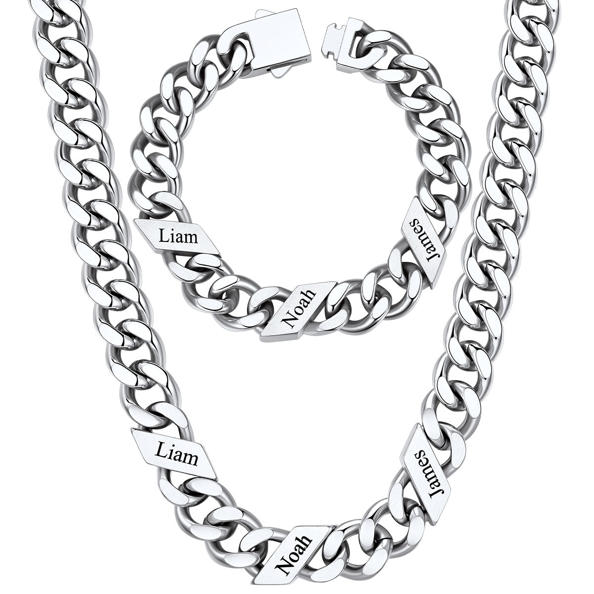 12mm Custom 3 name Name Cuban Link Necklace Bracelet Set on a white background