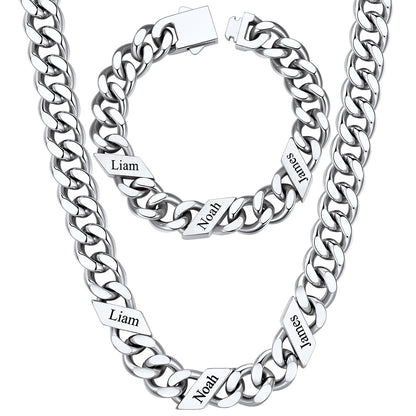 12mm Custom 3 name Name Cuban Link Necklace Bracelet Set on a white background