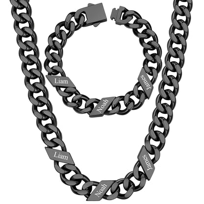 12mm Custom 3 name Name Cuban Link Necklace Bracelet Set on a white background Black Plated