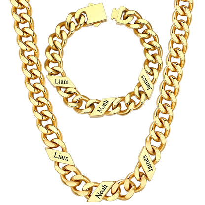 12mm Custom 3 name Name Cuban Link Necklace Bracelet Set on a white background Gold Plated