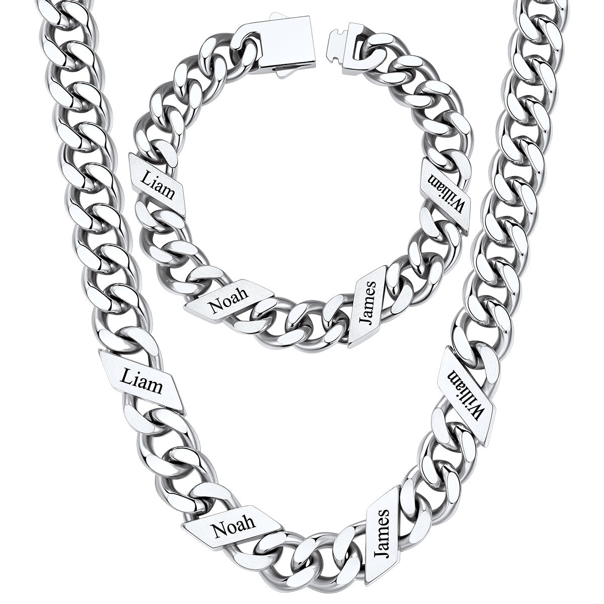 12mm Custom 4 name Name Cuban Link Necklace Bracelet Set on a white background