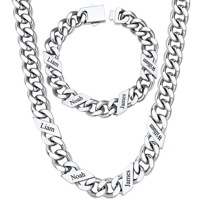 12mm Custom 4 name Name Cuban Link Necklace Bracelet Set on a white background