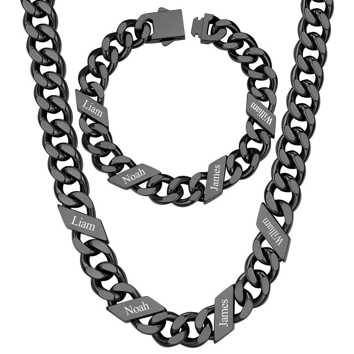 12mm Custom 4 name Name Cuban Link Necklace Bracelet Set on a white background Black Plated