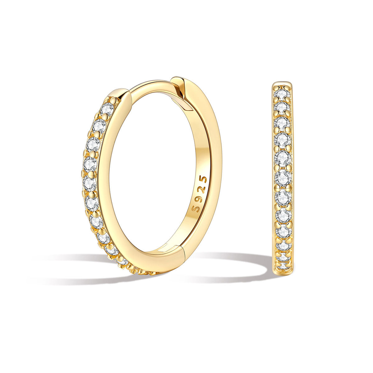 12mm Gold huggie earrings with embedded cz on a white background