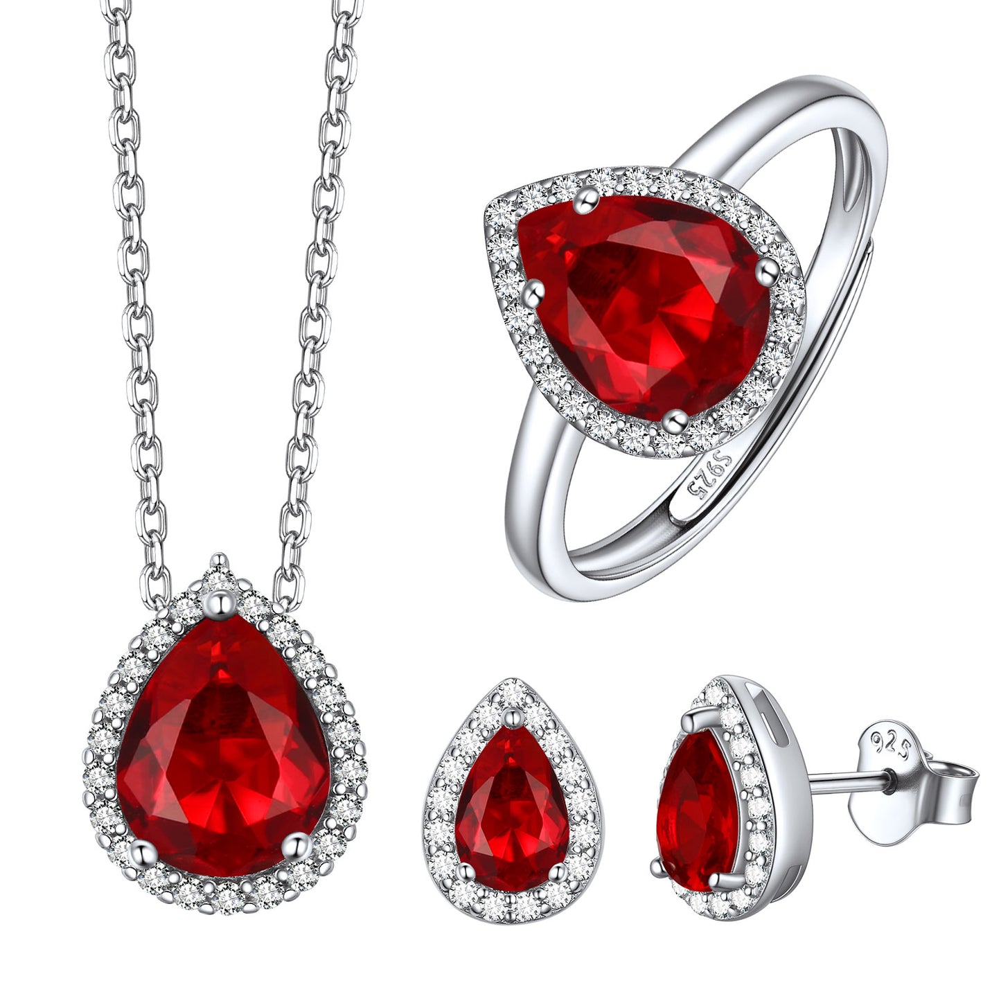 Pear Cut Halo Birthstone Jewelry Set