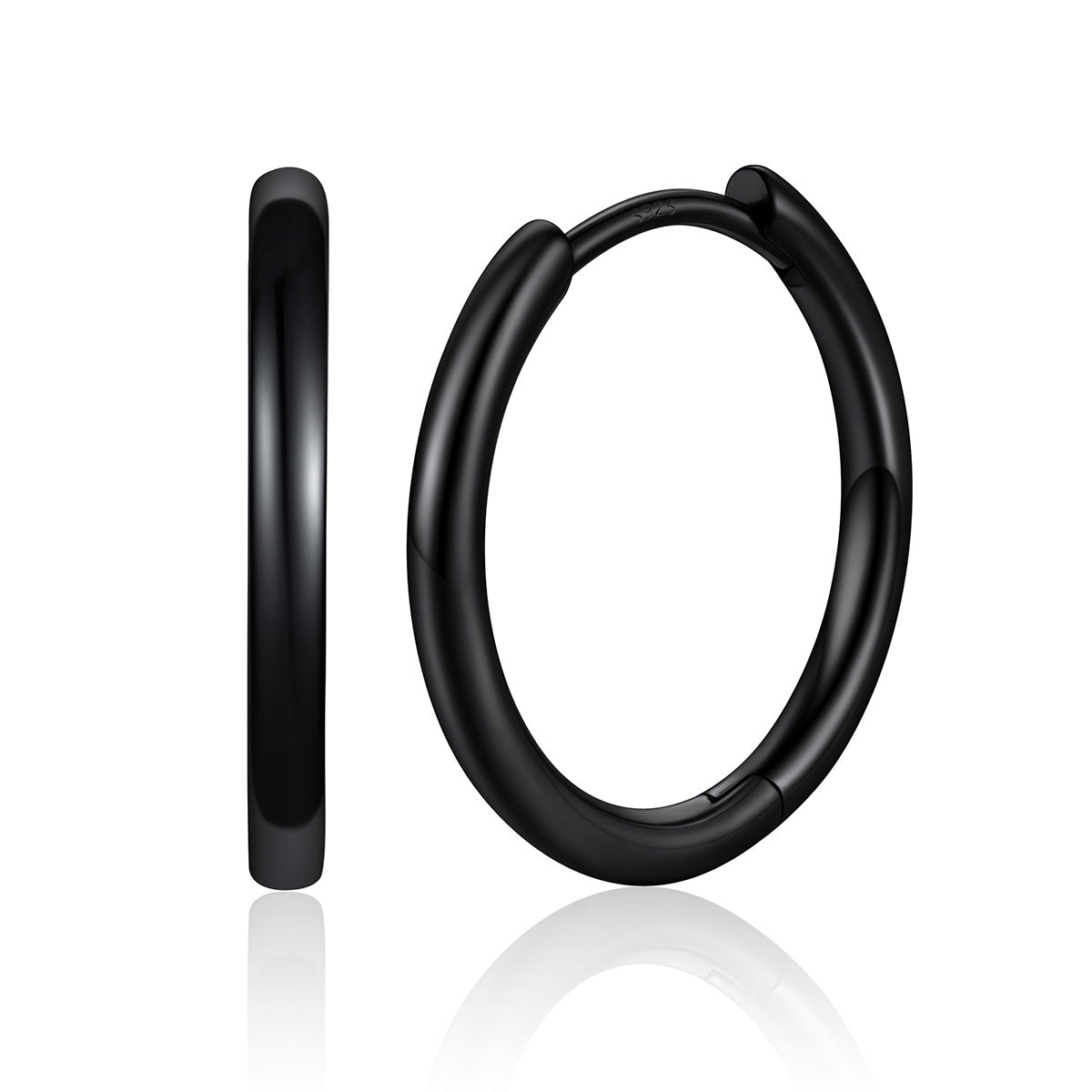 14mm Black Plated Classic Huggie Earrings for Men Women on a white background