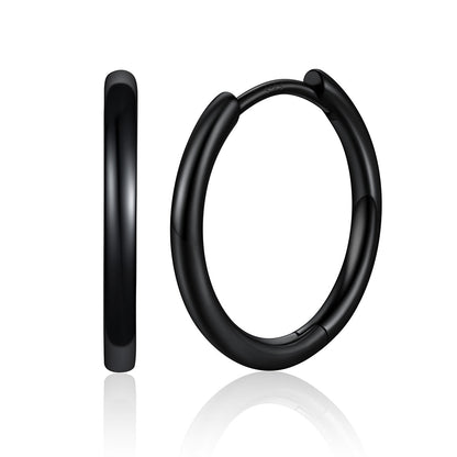 14mm Black Plated Classic Huggie Earrings for Men Women on a white background