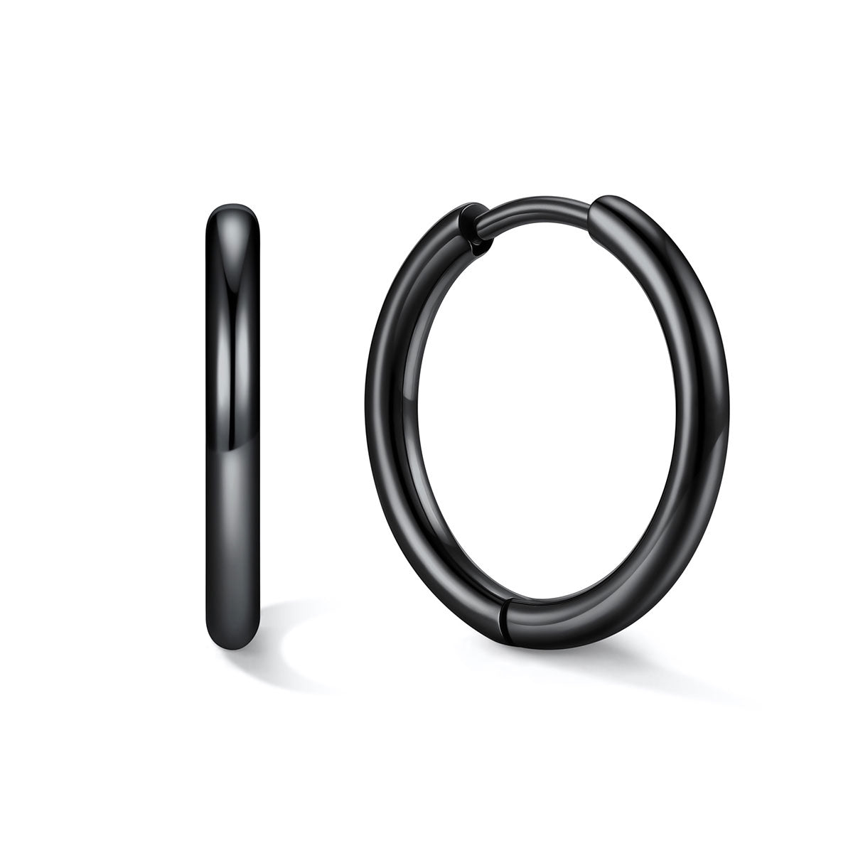 Black 14mm huggie earrings on a white background