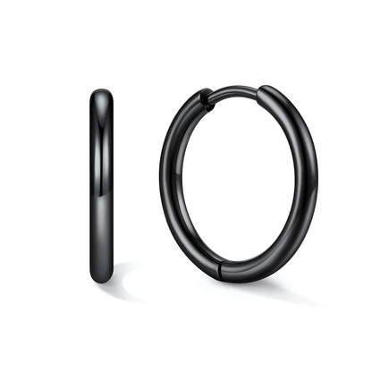 Black 14mm huggie earrings on a white background