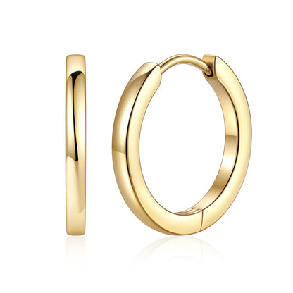14mm Gold Plated Stainless Steel Huggie Earrings for Women Men on a white background 