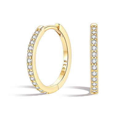 14mm Gold huggie earrings with embedded diamonds on a white background