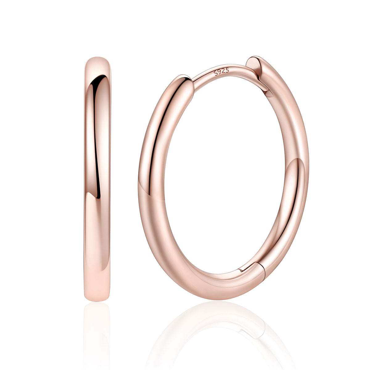 14mm Rose Gold Plated Classic Huggie Earrings for Men Women on a white background