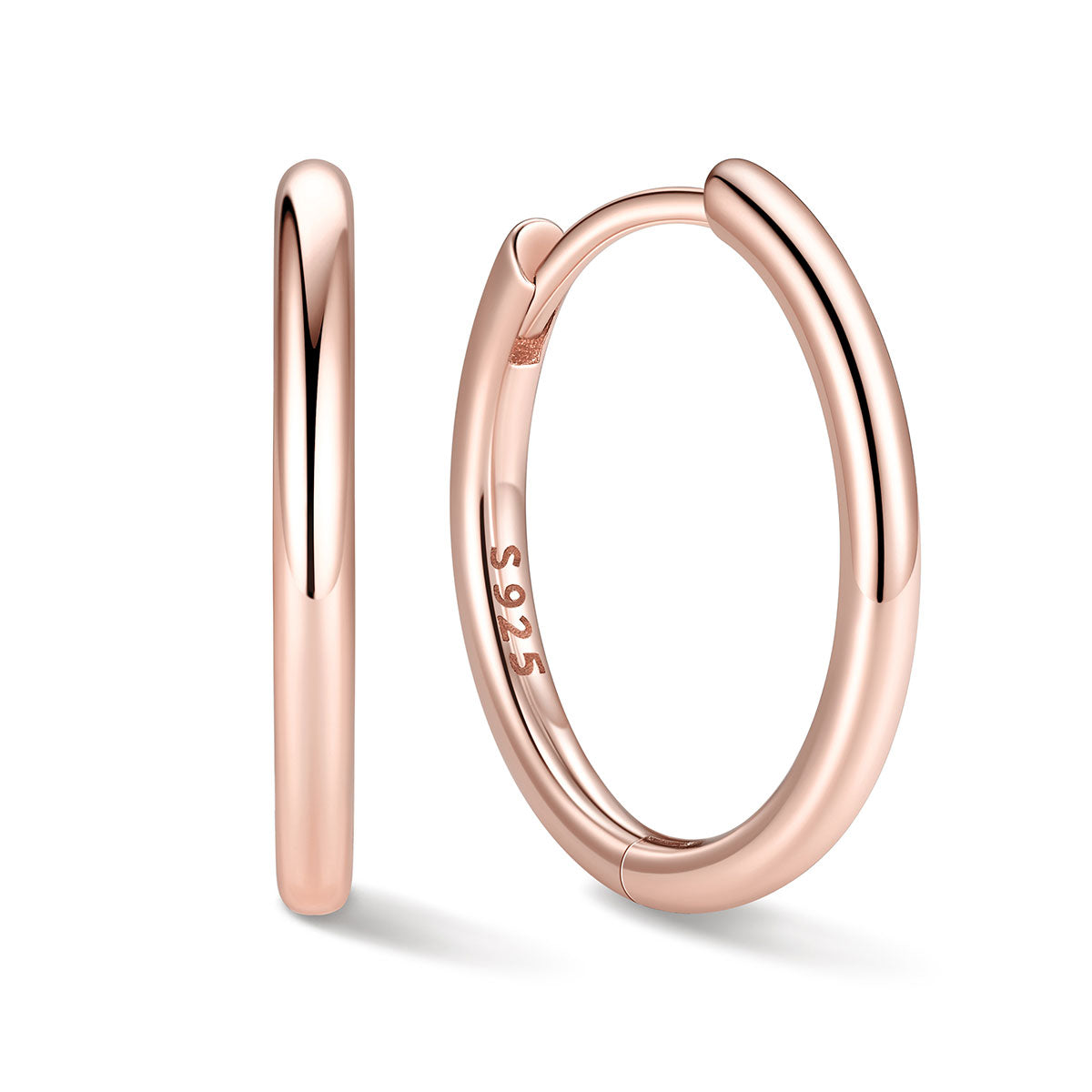 14mm Rose gold hoop earrings on a white background