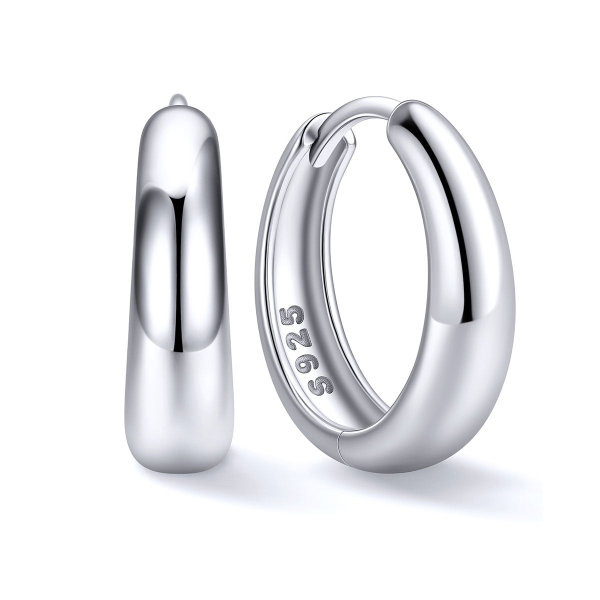 14mm Silver huggie earrings in sterling silver on a white background 