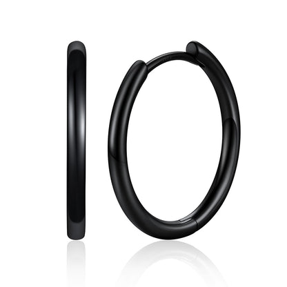 16mm Black Plated Classic Huggie Earrings for Men Women on a white background