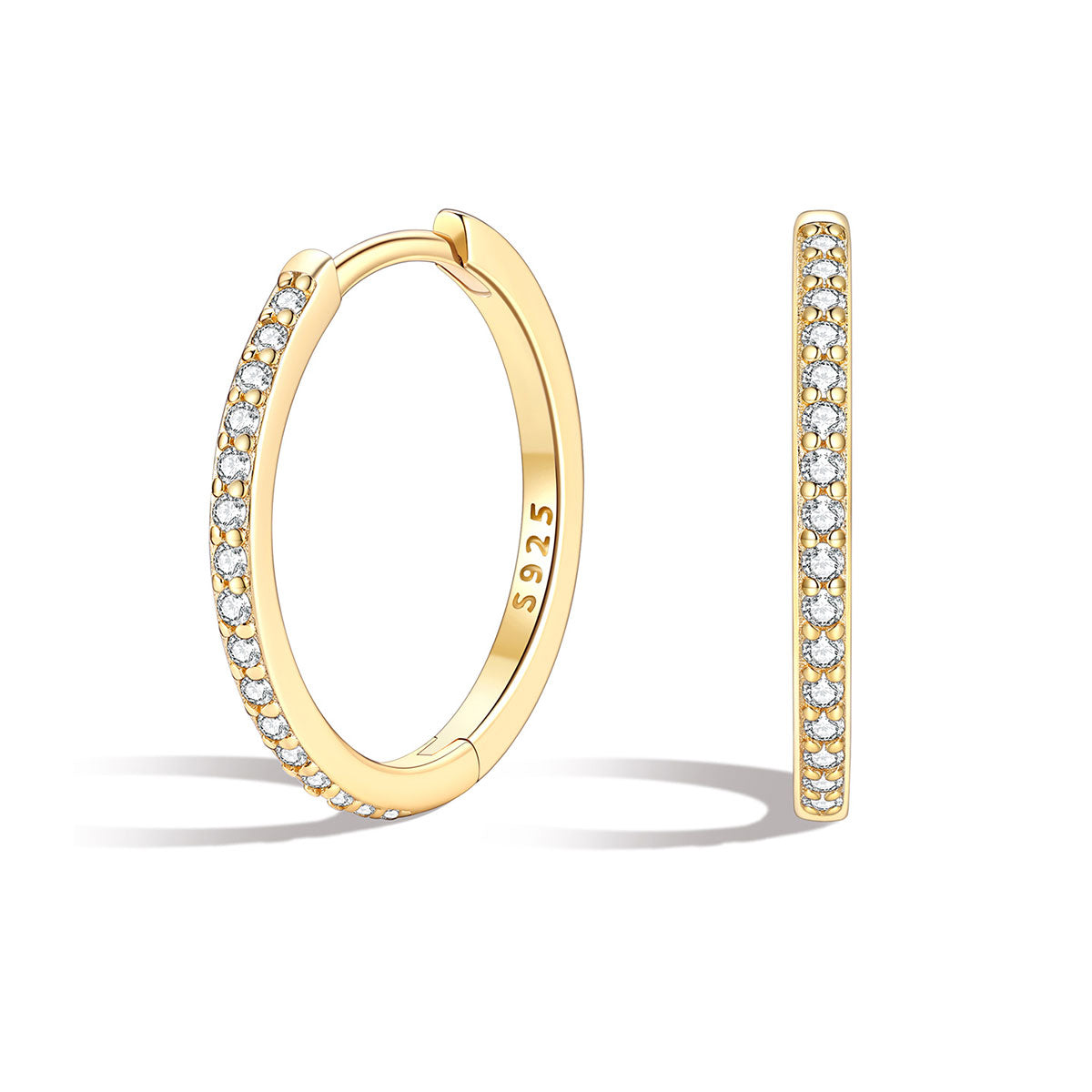 16mm Gold cz huggie earrings with embedded diamonds on a white background
