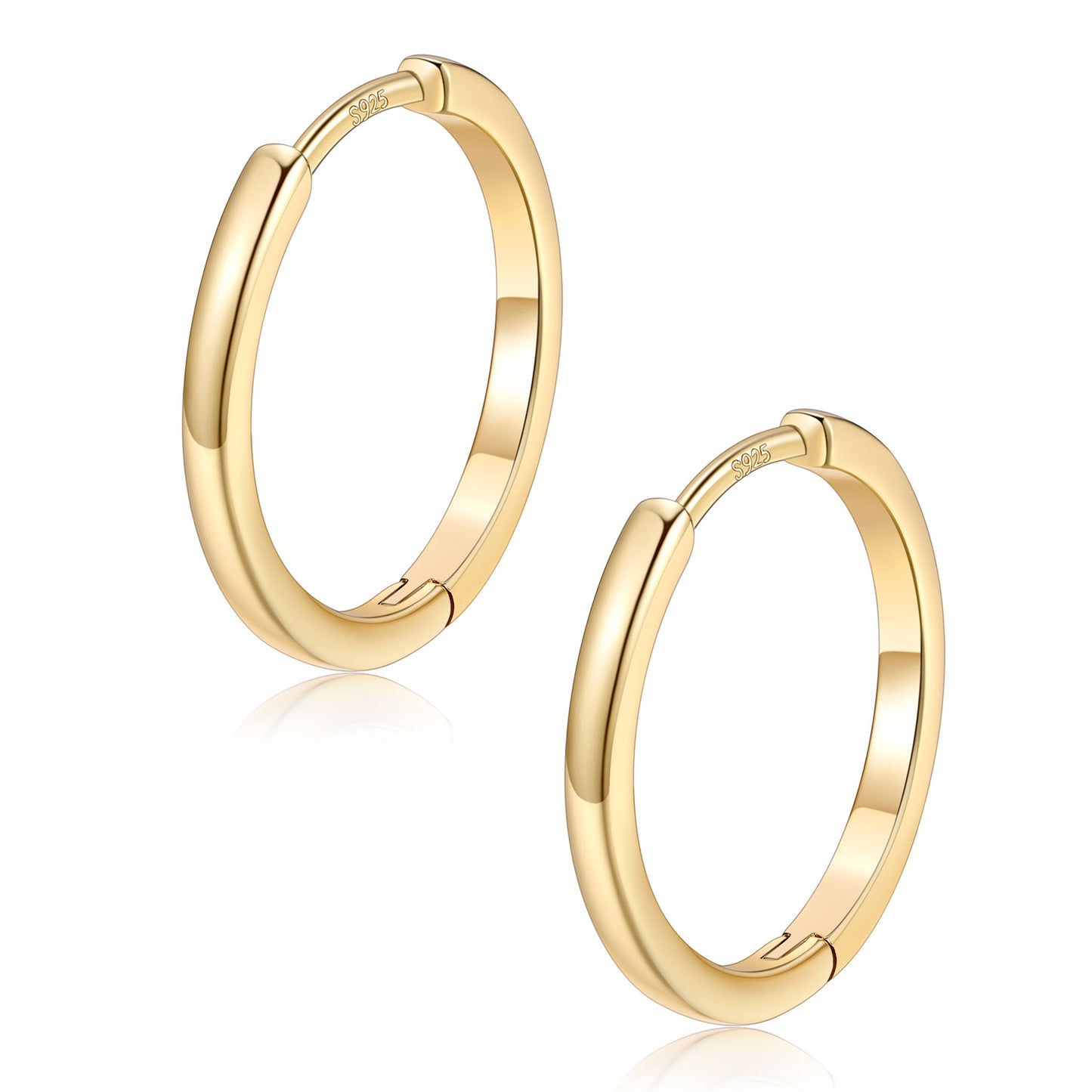 16mm Pair of gold hoop earrings on a white background
