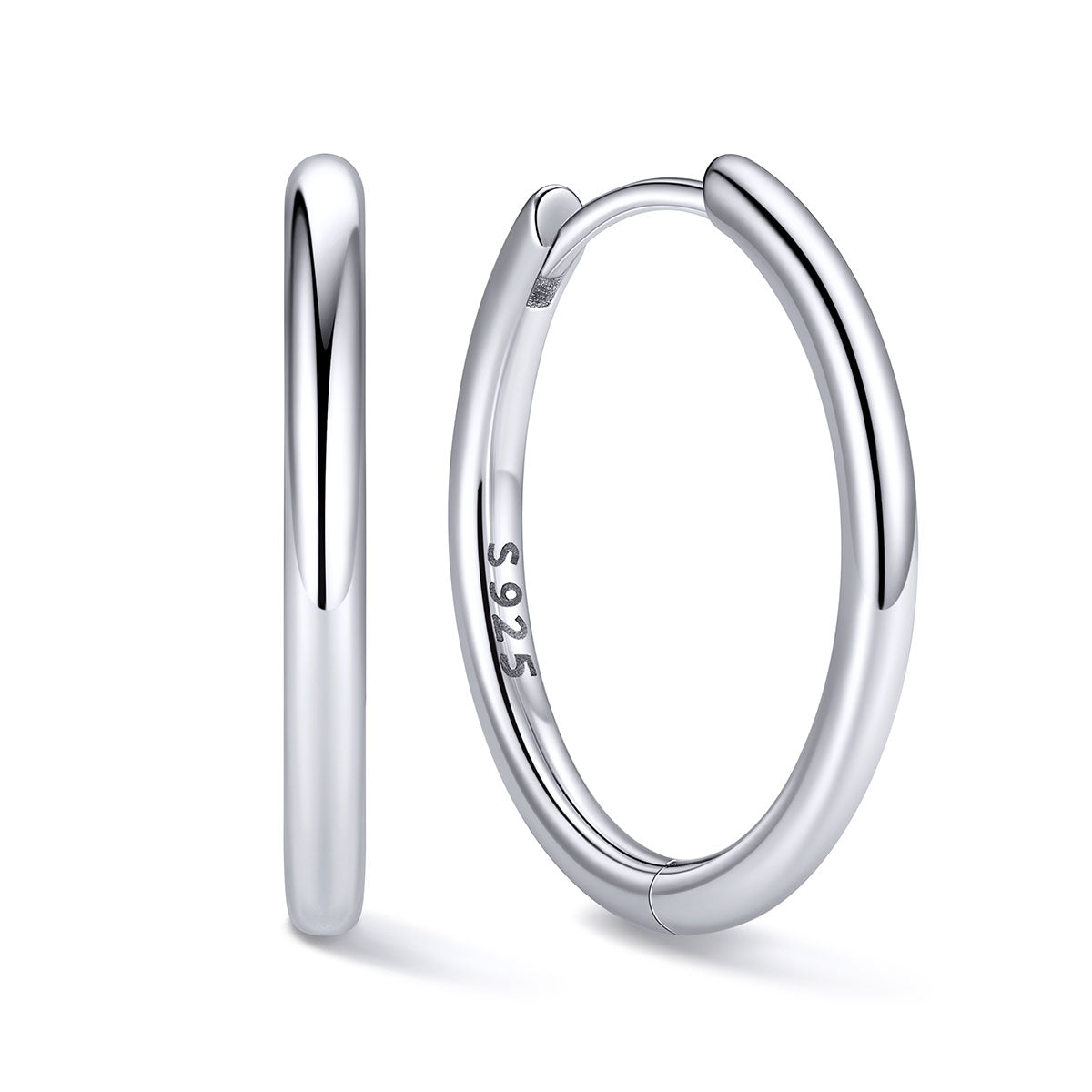 16mm Silver huggie earrings on a white background