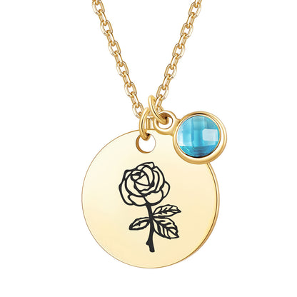 18mm Custom Engraved Birthflower Round Tag Disc Necklace with Birthstone on a white background