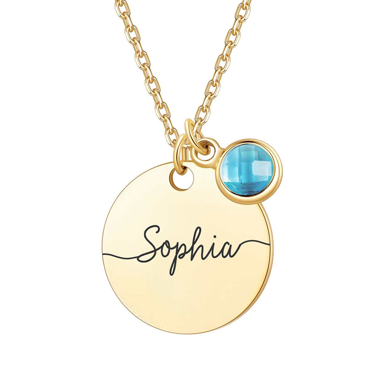 18mm Custom Engraved Name Round Tag Disc Necklace with Birthstone on a white background
