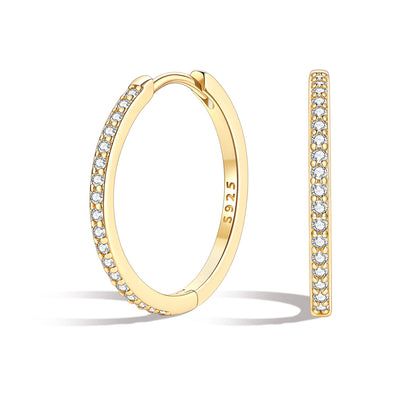 18mm Gold huggie earrings with embedded diamonds on a white background