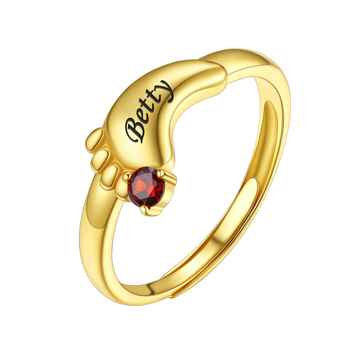 1 Footprint Mother's Birthstone Ring with Names Gold Plated