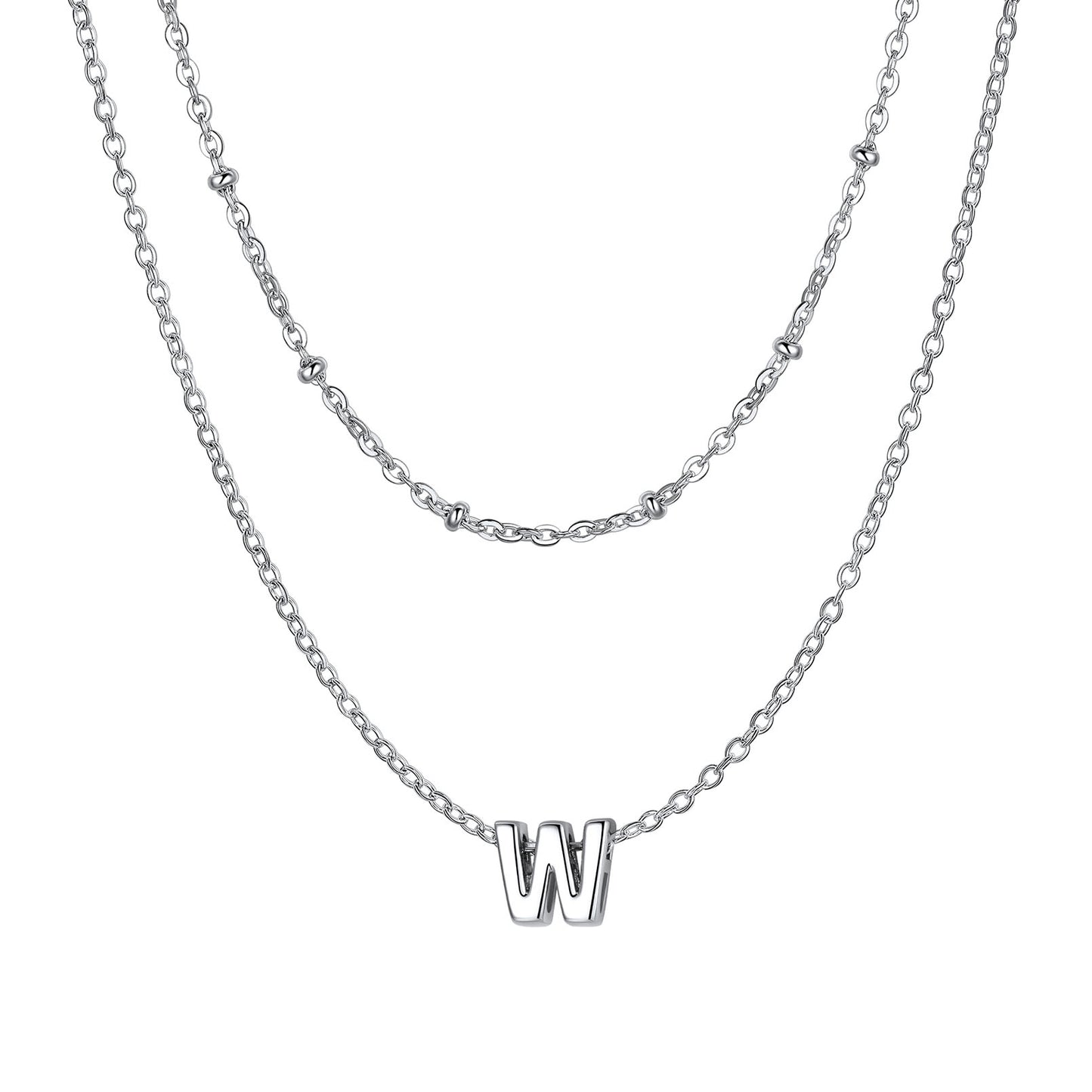 Silver Layered initial W necklace on a white background