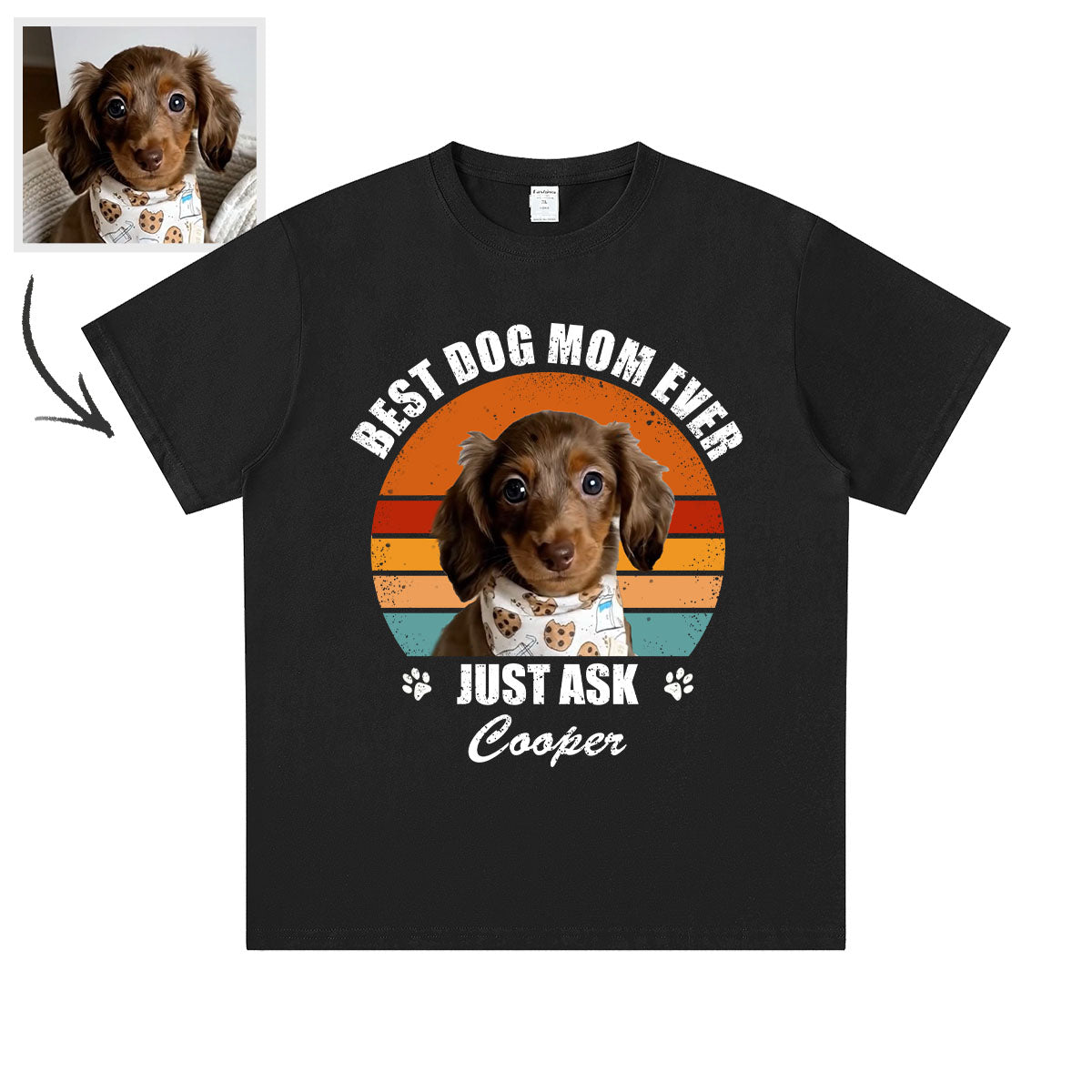 Black custom dog t-shirt with a dog graphic and text 'Best Dog Mom Ever, Just Ask Cooper' on a white background.