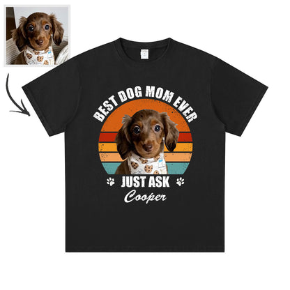 Black custom dog t-shirt with a dog graphic and text 'Best Dog Mom Ever, Just Ask Cooper' on a white background.