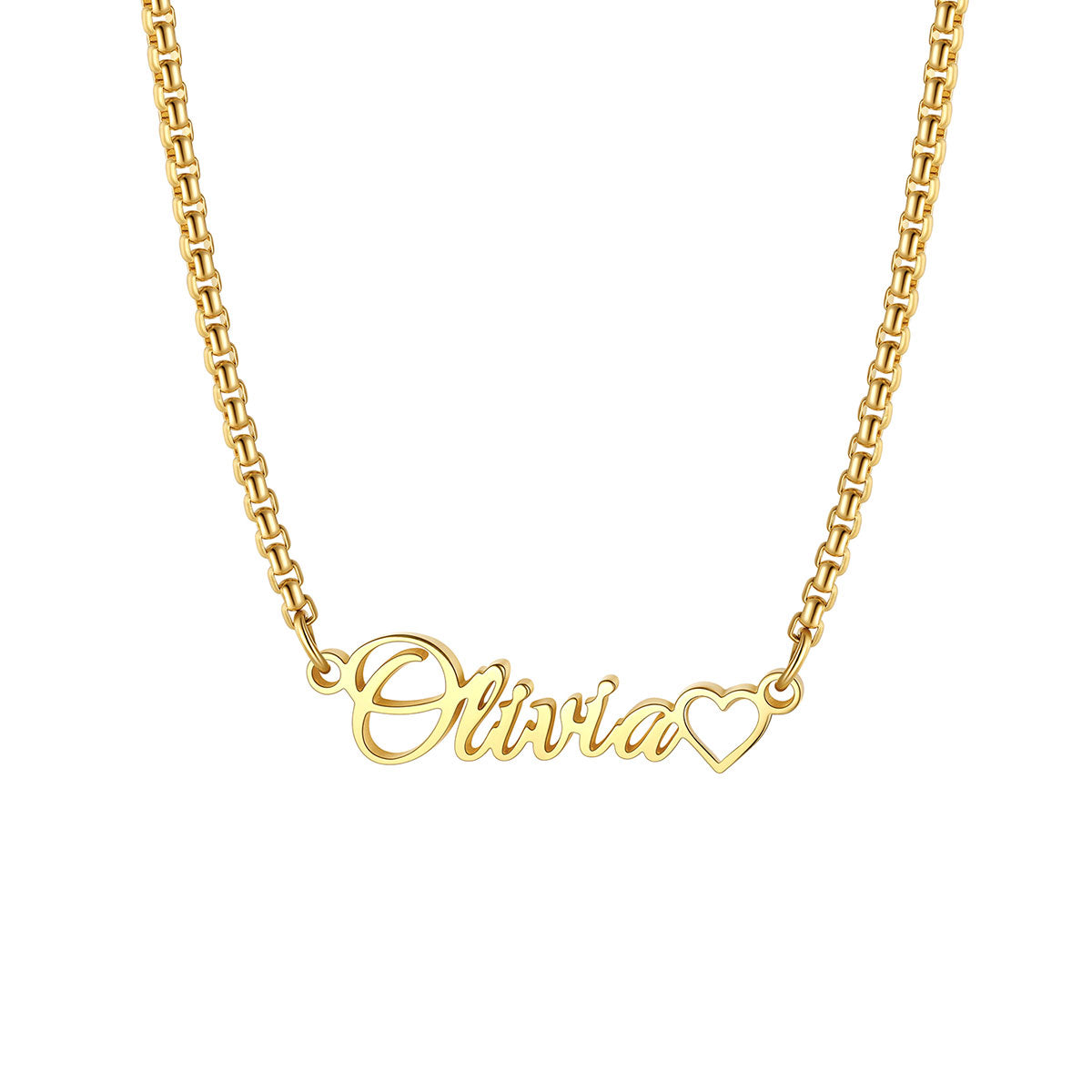 Custom Name Box Chain Necklace with Tiny Heart for Women
