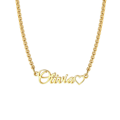 Custom Name Box Chain Necklace with Tiny Heart for Women