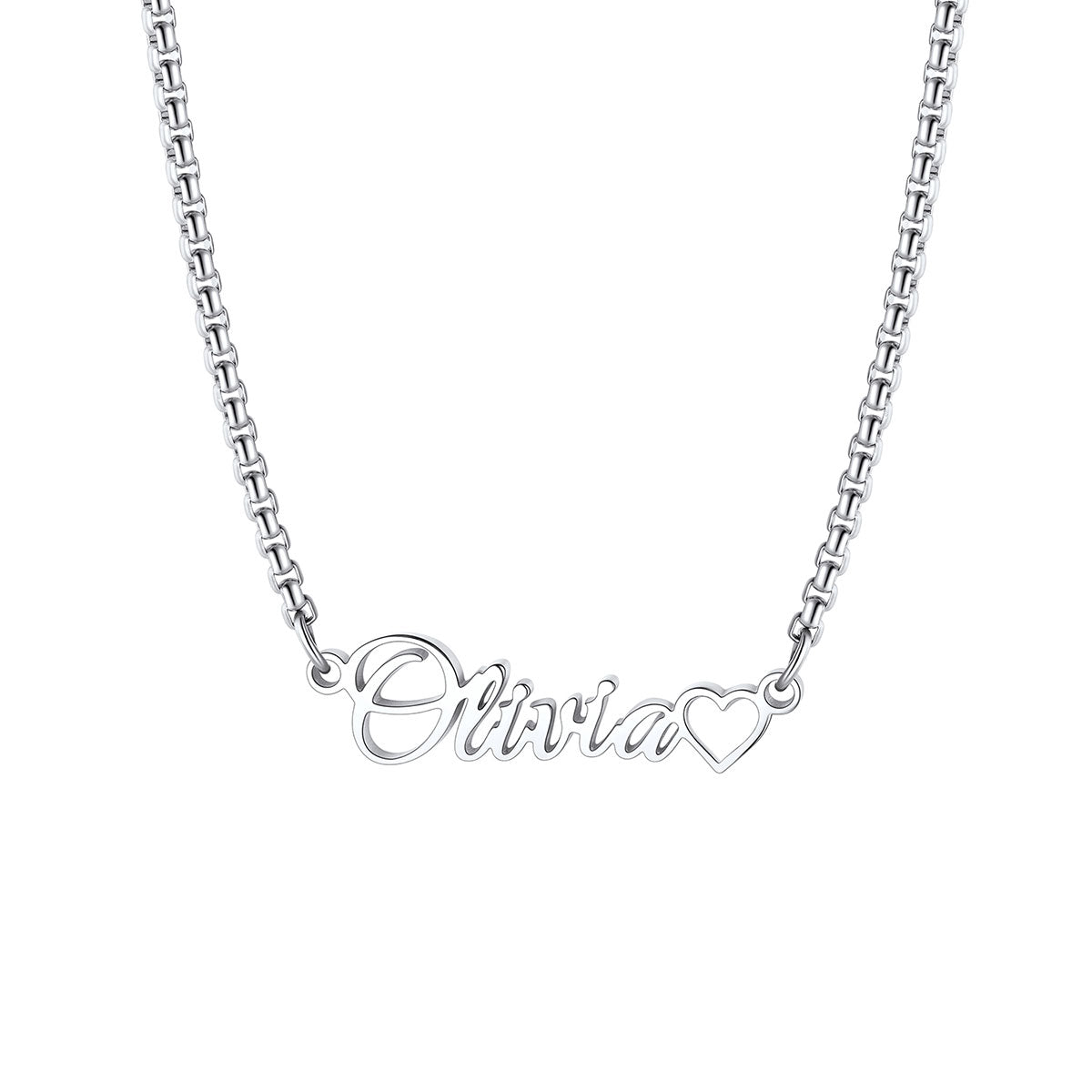 Custom Name Box Chain Necklace with Tiny Heart for Women