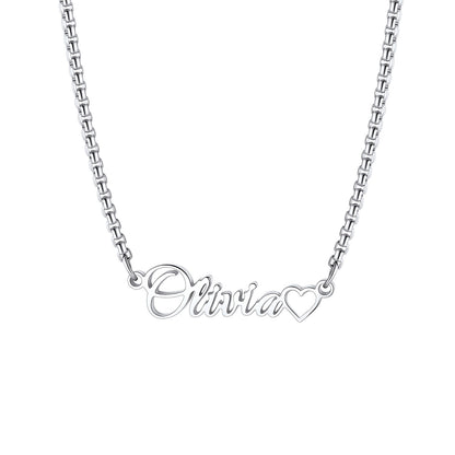Custom Name Box Chain Necklace with Tiny Heart for Women
