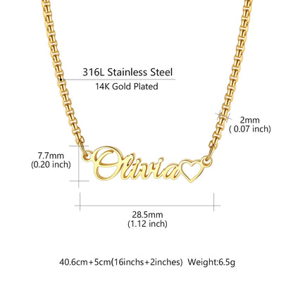 Custom Name Box Chain Necklace with Tiny Heart for Women