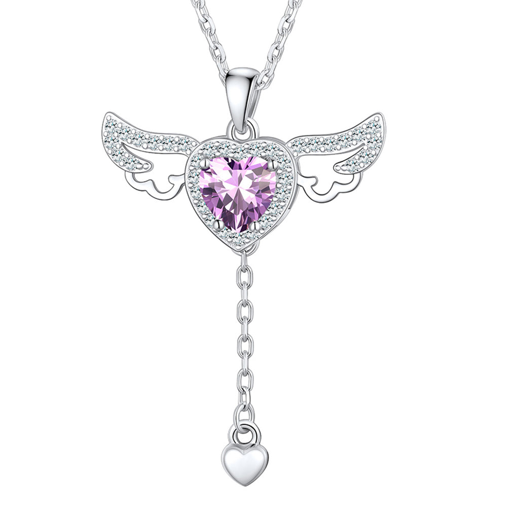 Collier en argent sterling avec pierre de naissance en forme de cœur Cupidon et ailes d'ange