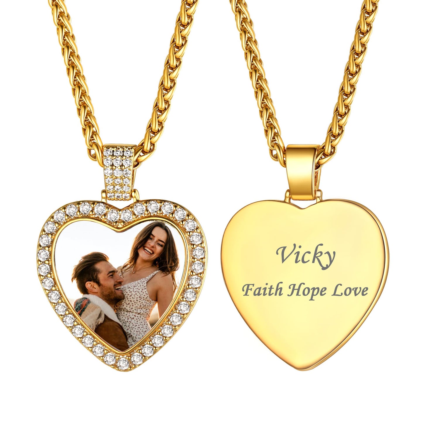 Personalized Heart Photo Pendant Necklace With Cubic Zirconia Gold
