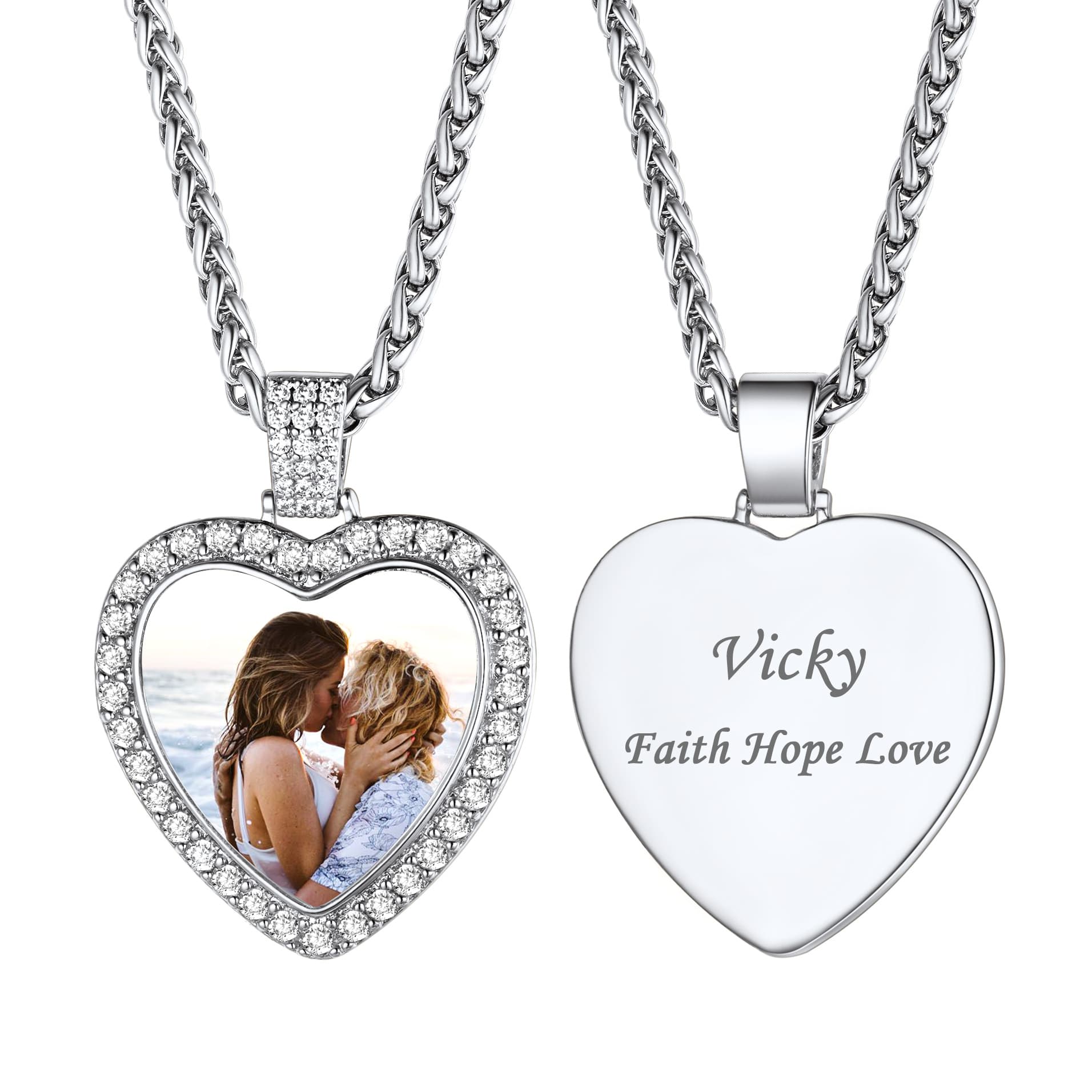 Personalized Heart Photo Pendant Necklace With Cubic Zirconia